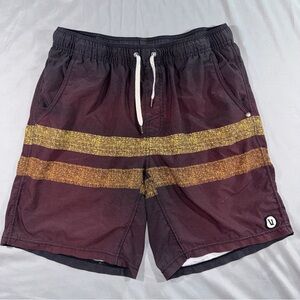 Vuori Swim Trunks Mens Large Maroon Yellow Striped Board Shorts Lined Drawstring